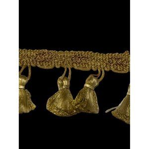 Vtg Conso Fabric Upholstery 2" Fringe Tassel  Trim Gold Pom Pom By Yard MCM 70s